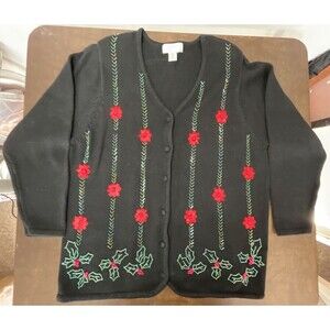 Vintage Lisa International Christmas Poinsettia Cardigan Sweater Sz 2X Beaded